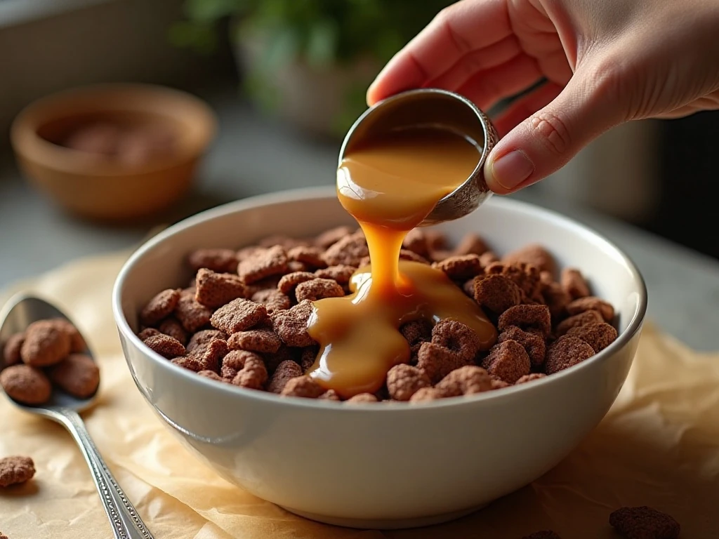 Pouring caramel over Chocolate Chex cereal
