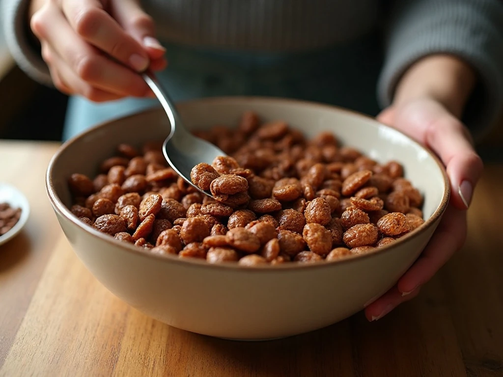 Stirring caramel-coated Chocolate Chex cereal