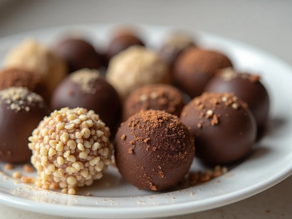 Assorted homemade chocolate truffles arranged on a dessert plate