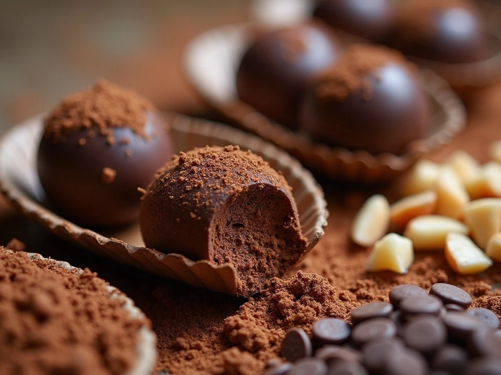 Chocolate truffles with cocoa, nut, and sprinkle coatings