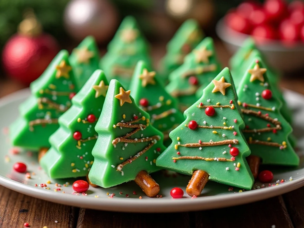 Festive green Christmas tree fudge triangles on a holiday platter