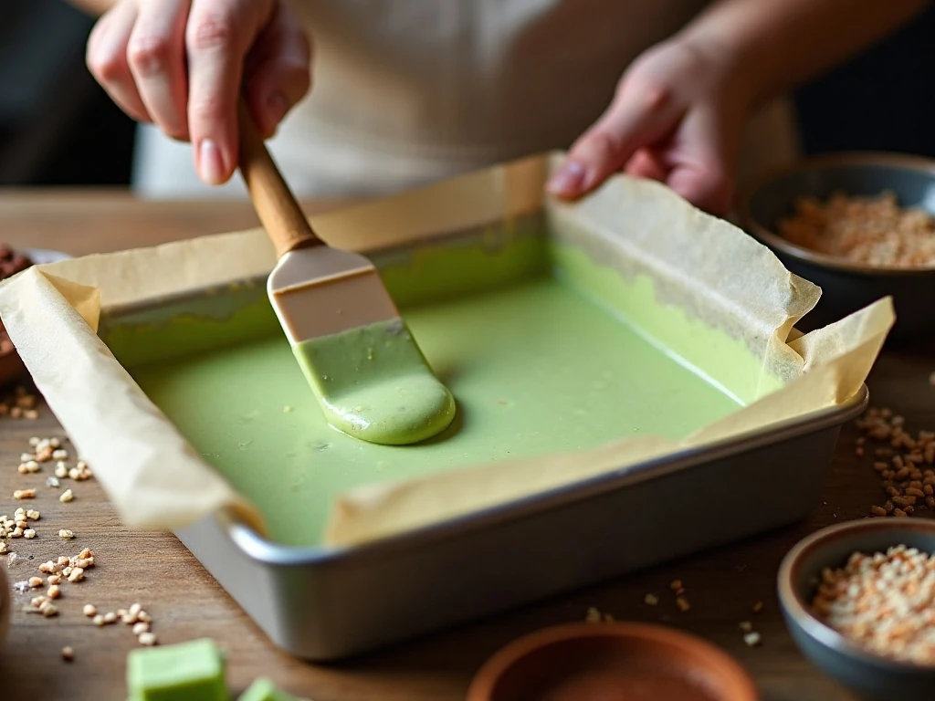 Spreading green fudge into a parchment-lined pan