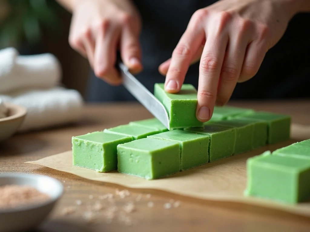 Cutting chilled Christmas tree fudge into neat shapes
