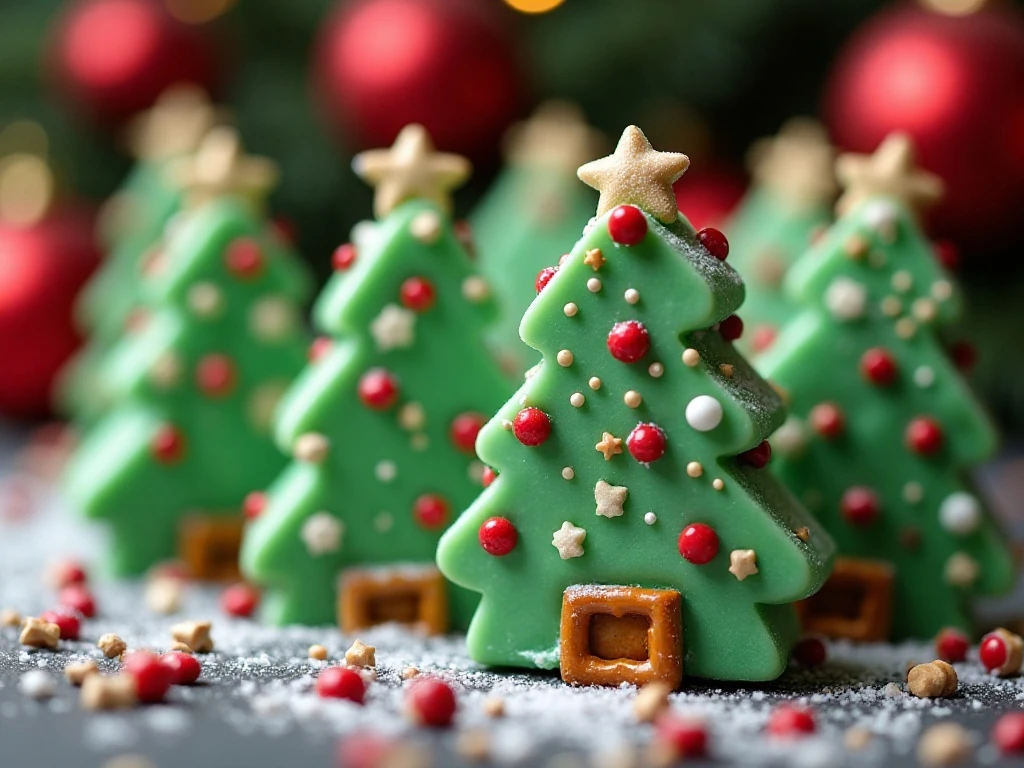 Decorated Christmas tree fudge with sprinkles and pretzel trunks