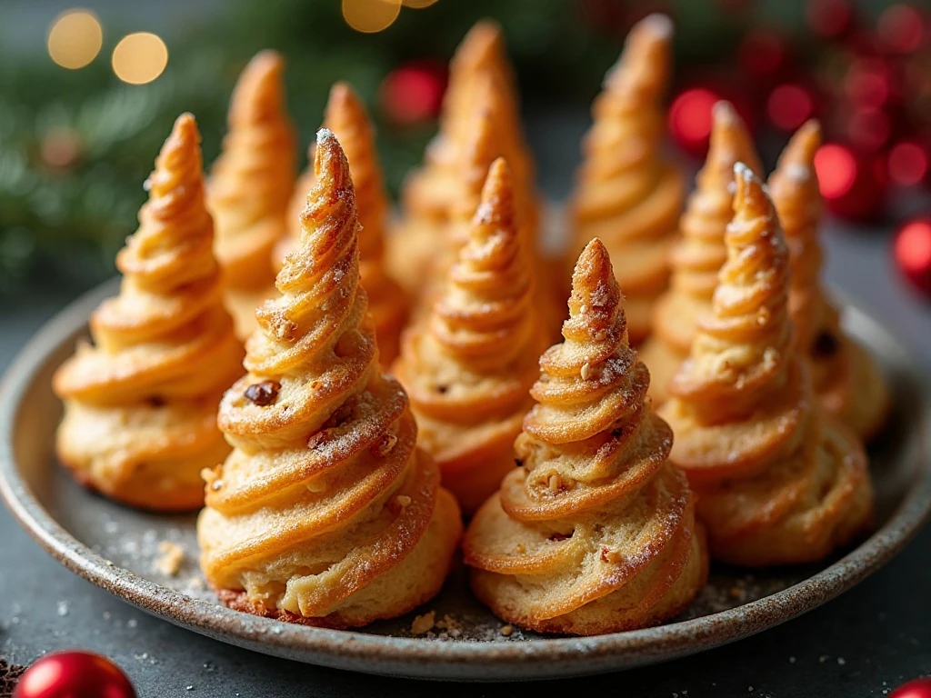 Golden Nutella puff pastry Christmas tree treats arranged on a festive platter