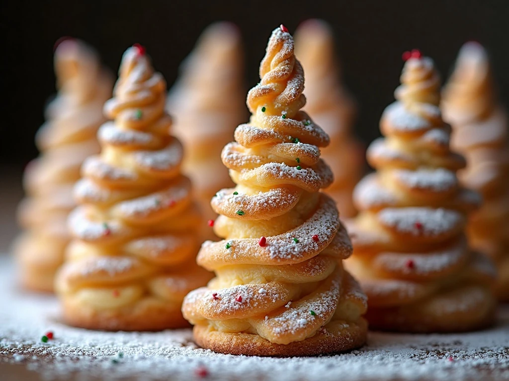 Close-up of Christmas tree pastries decorated with sugar and sprinkles
