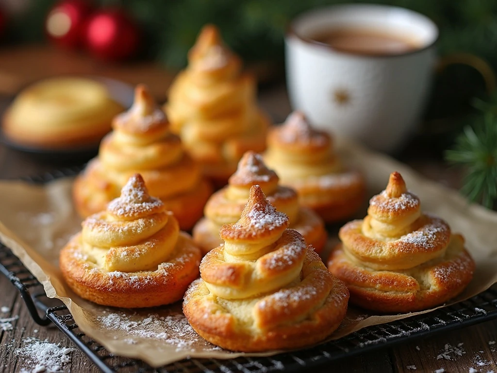 Freshly baked puff pastry Christmas trees ready to serve