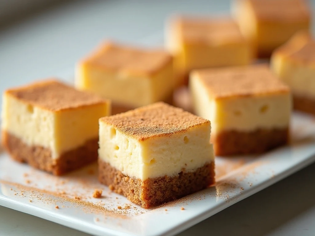 Golden churro cheesecake bars arranged on a serving plate