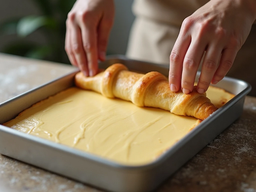 Preparing crescent dough and cheesecake layers in a baking dish