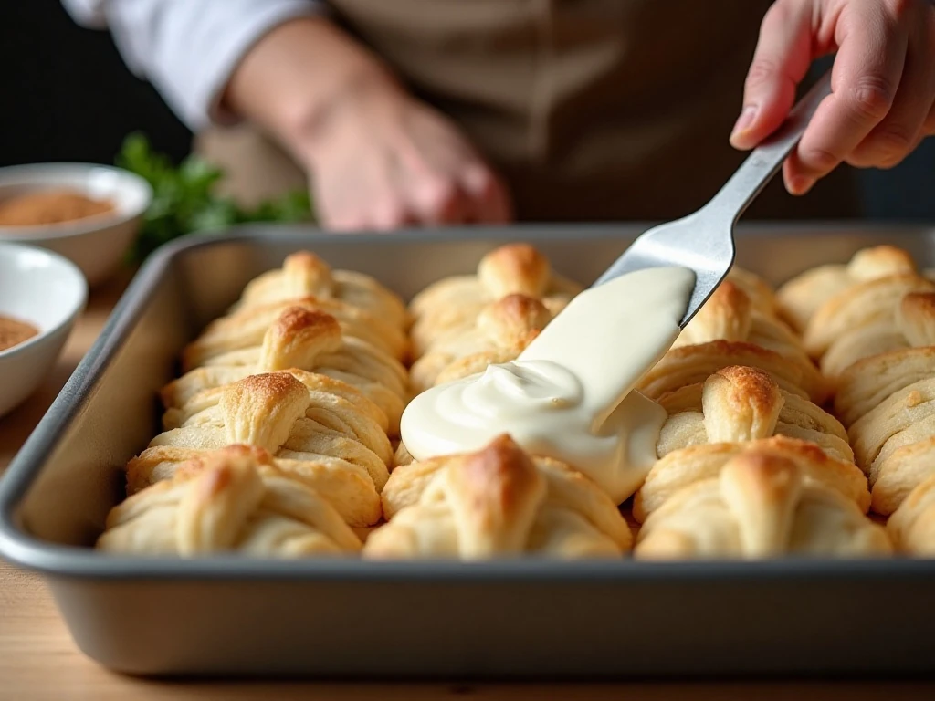 Spreading smooth cheesecake filling over crescent dough