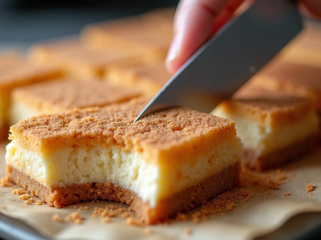 Neatly sliced churro cheesecake bars with cinnamon sugar topping