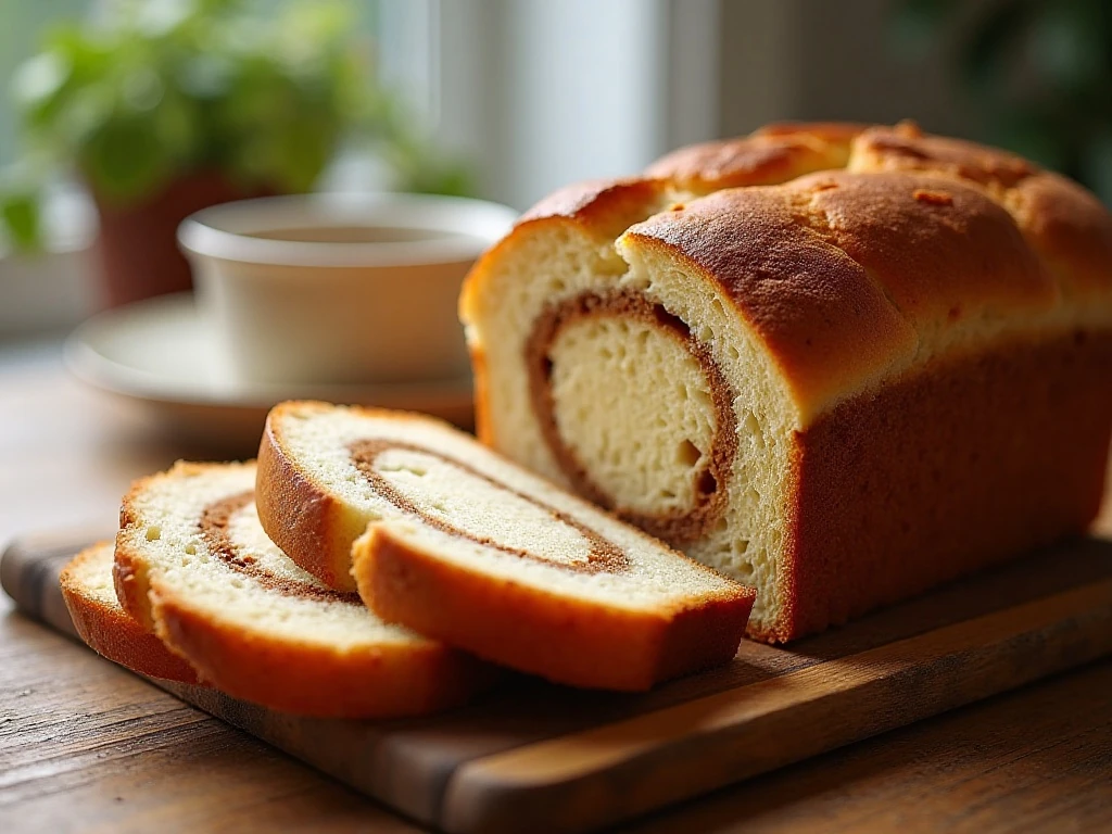 Golden homemade cinnamon bread loaf with a visible cinnamon swirl