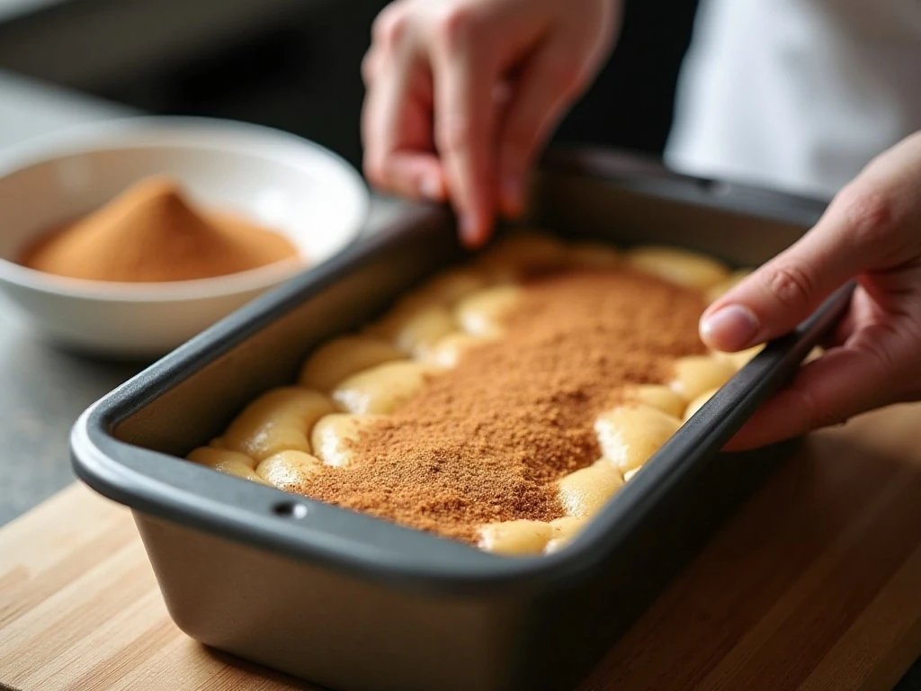 Layering cinnamon sugar between quick bread batter in a loaf pan