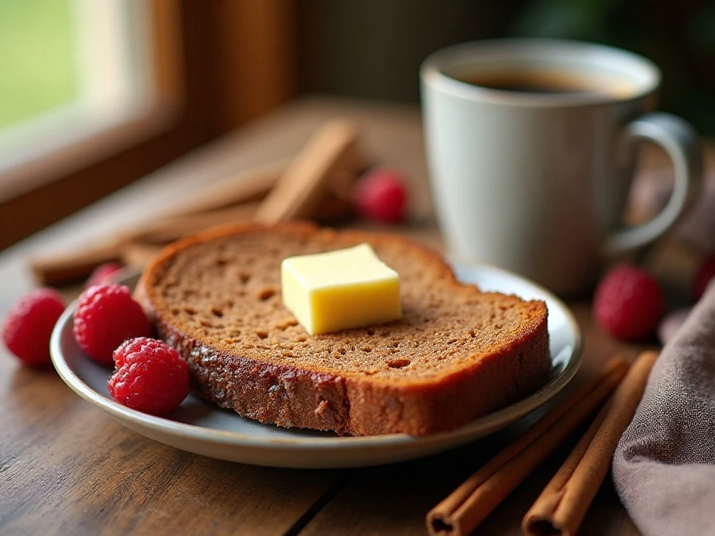 Cinnamon bread slices served with coffee, butter, and berries