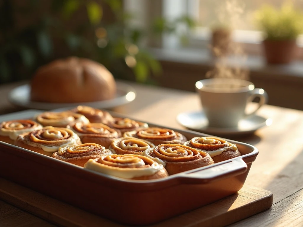 Fresh homemade cinnamon rolls with cream-cheese frosting in a baking dish