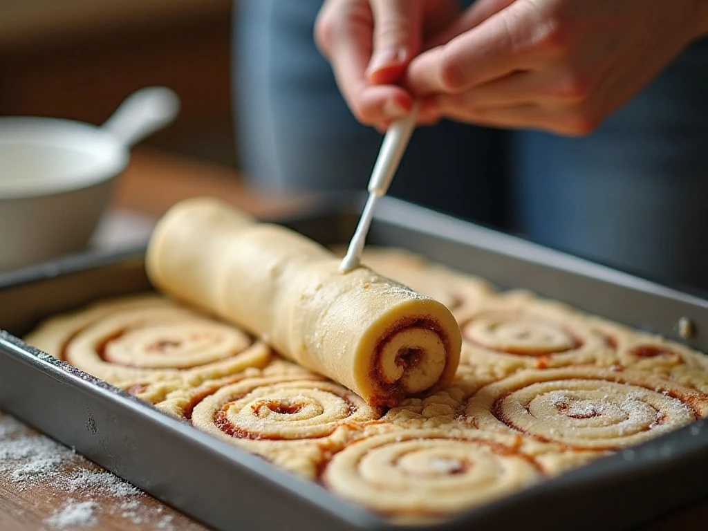 Using dental floss to cut evenly sized cinnamon rolls