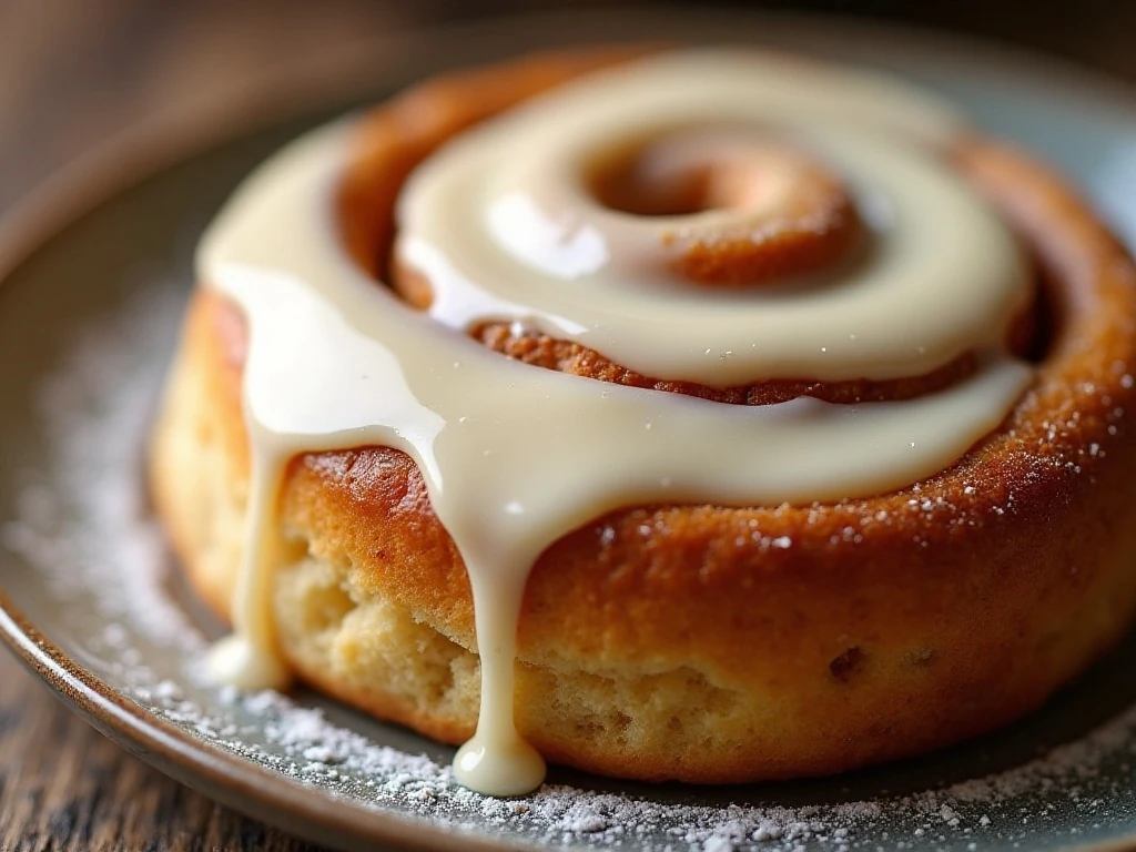 Close-up of cream-cheese frosting on a warm cinnamon roll