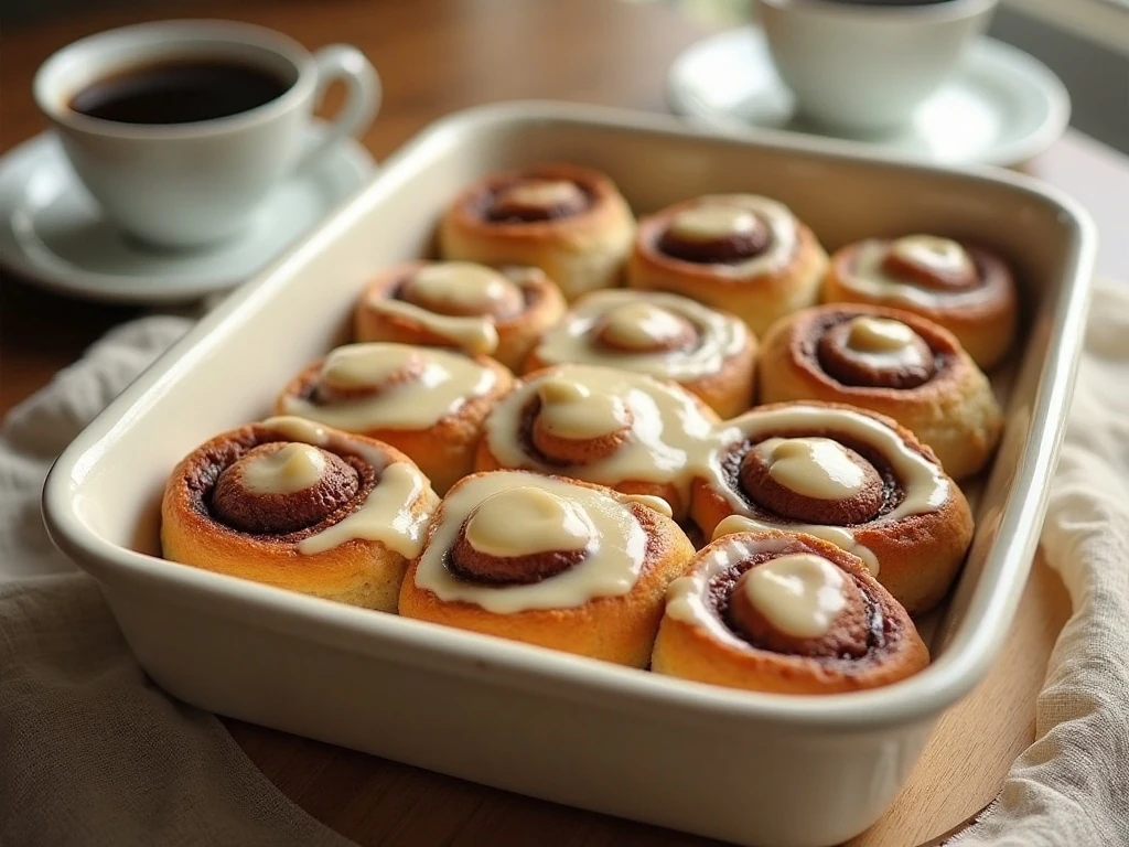 Freshly baked homemade cinnamon rolls covered with cream-cheese frosting