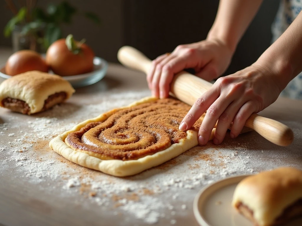 Rolling cinnamon roll dough with butter, brown sugar, and cinnamon