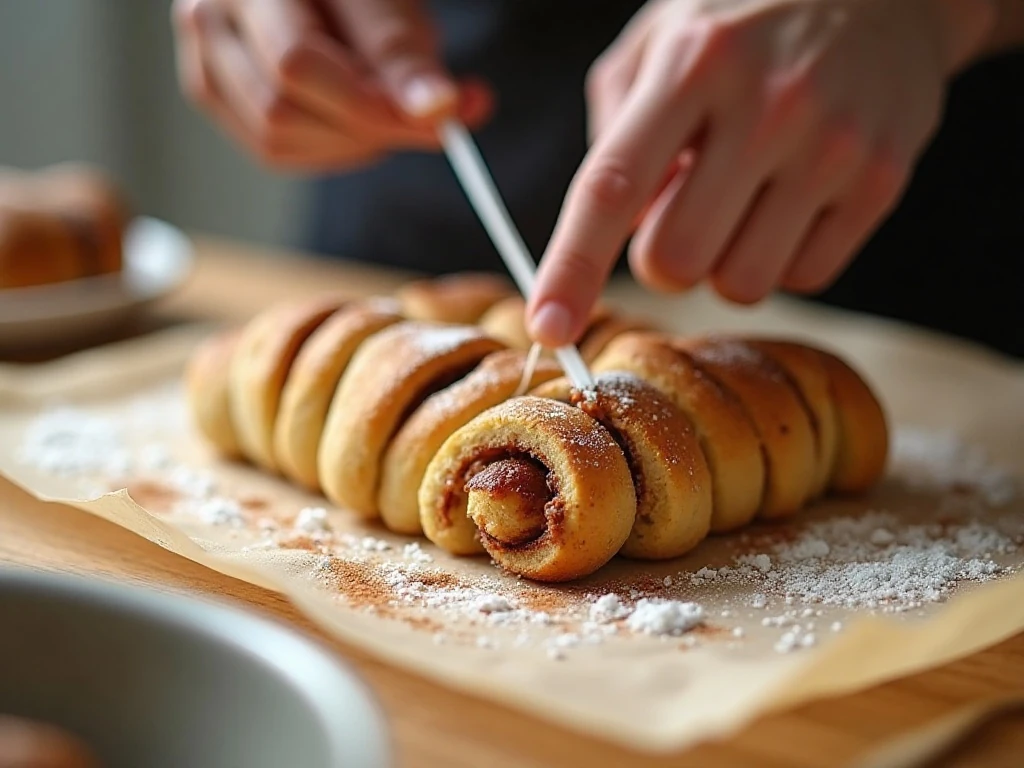 Cutting cinnamon roll dough into neat even slices with dental floss