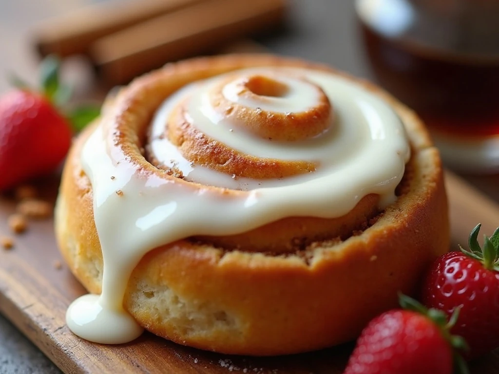 Cream-cheese frosting melting over a warm cinnamon roll