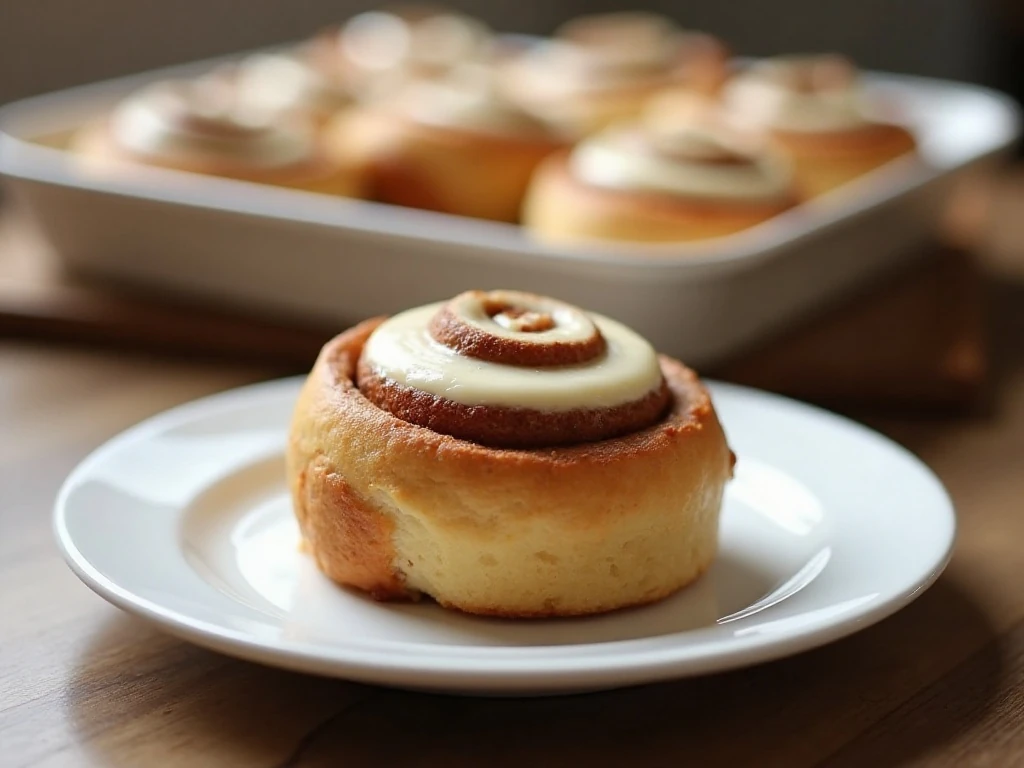Warm reheated cinnamon roll with soft cream-cheese frosting
