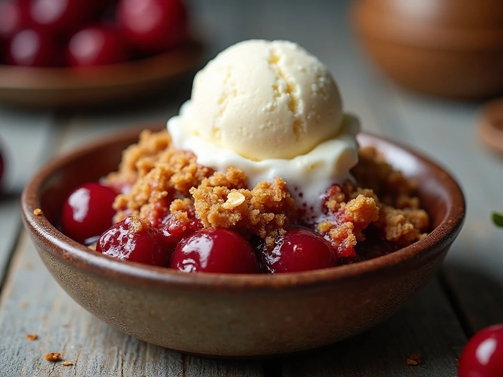 Warm classic cherry crisp with vanilla ice cream