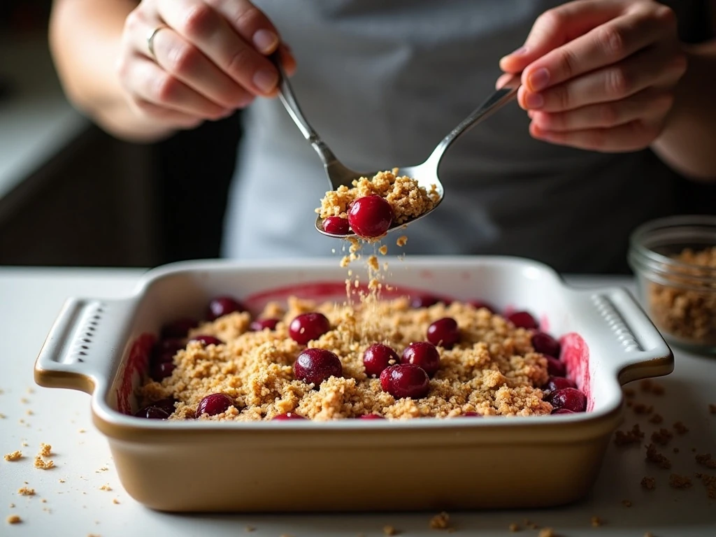 Adding oat crumble topping to cherry filling