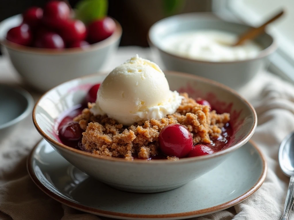 Cherry crisp served with ice cream and yogurt