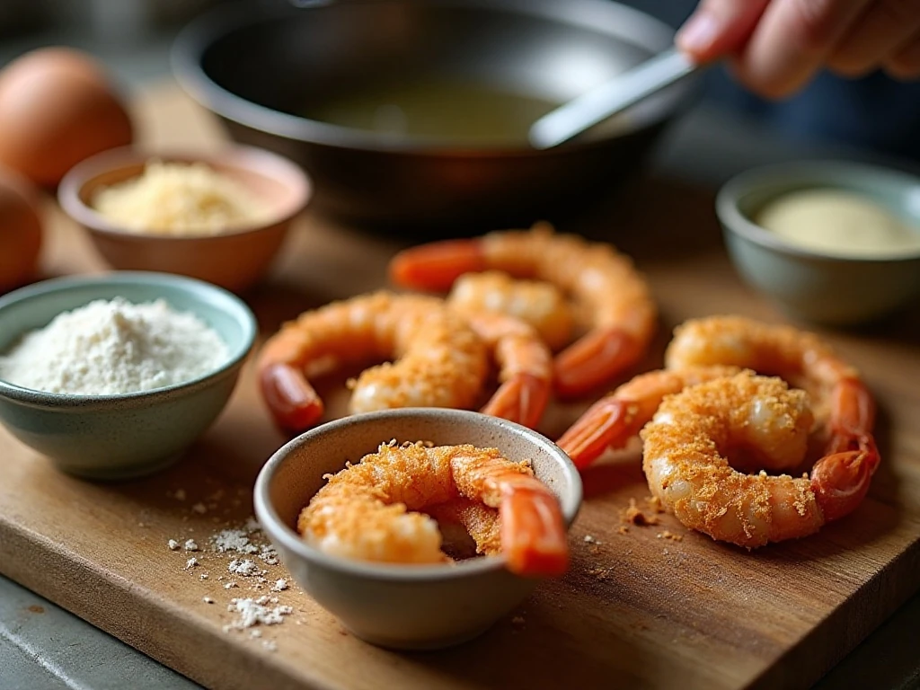 Shrimp being coated in flour, egg, coconut, and panko