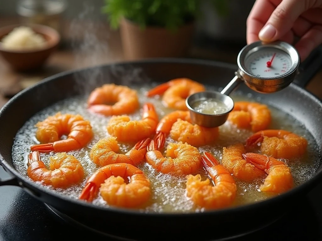 Coconut shrimp frying until golden and crisp at the correct oil temperature