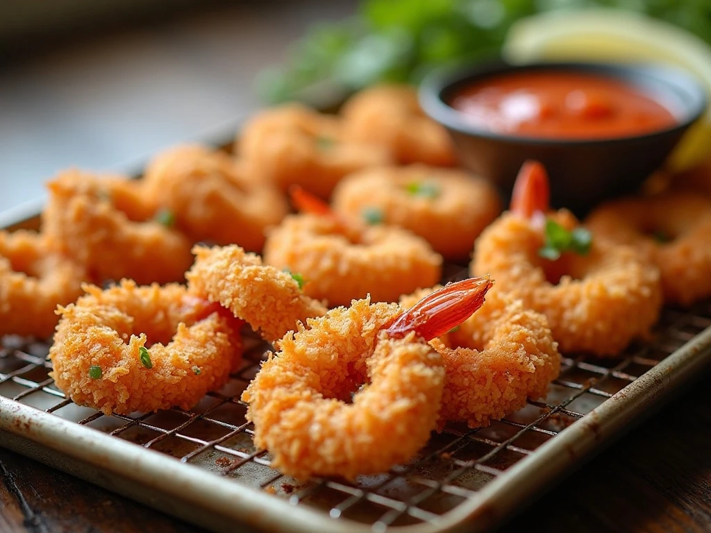 Coconut shrimp arranged for crisp reheating and serving