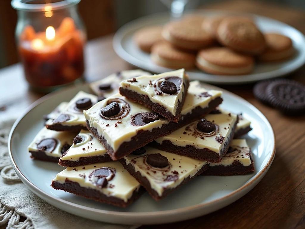 Irregular pieces of cookies and cream bark arranged on a serving platter
