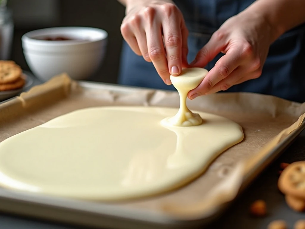 Spreading melted white chocolate for cookies and cream bark