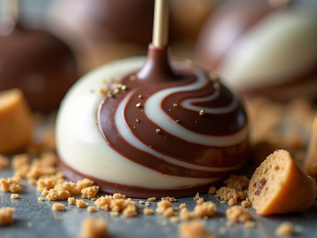 Swirling white and dark chocolate with cookie pieces