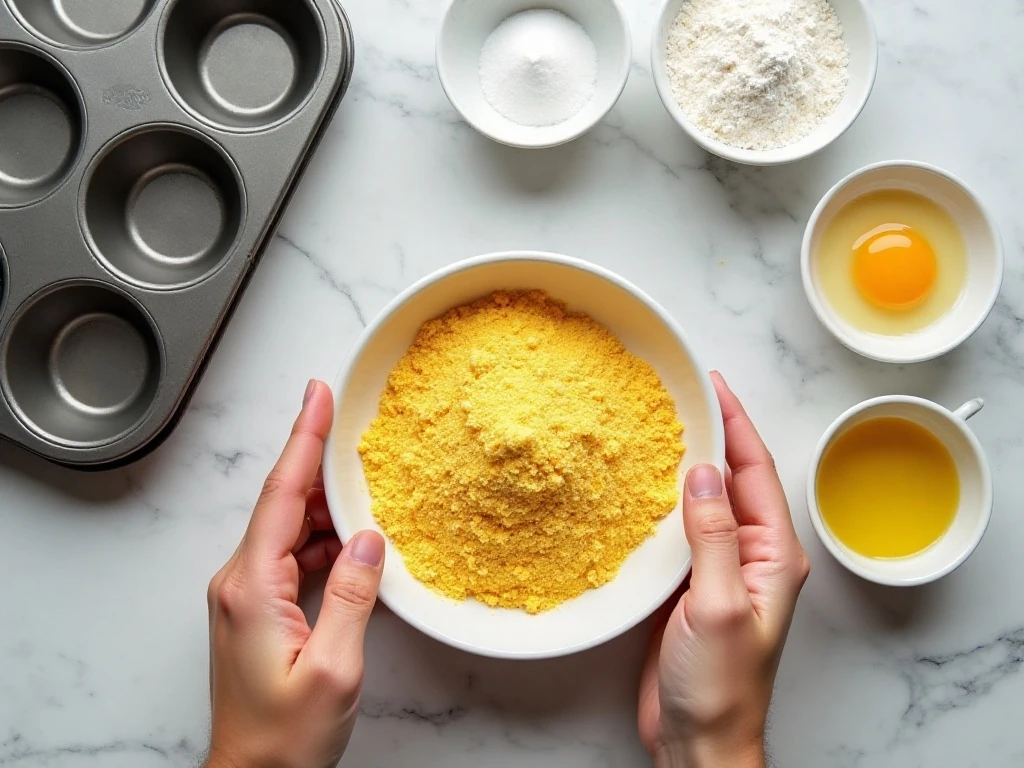 Ingredients for easy cornbread muffins arranged on a kitchen counter