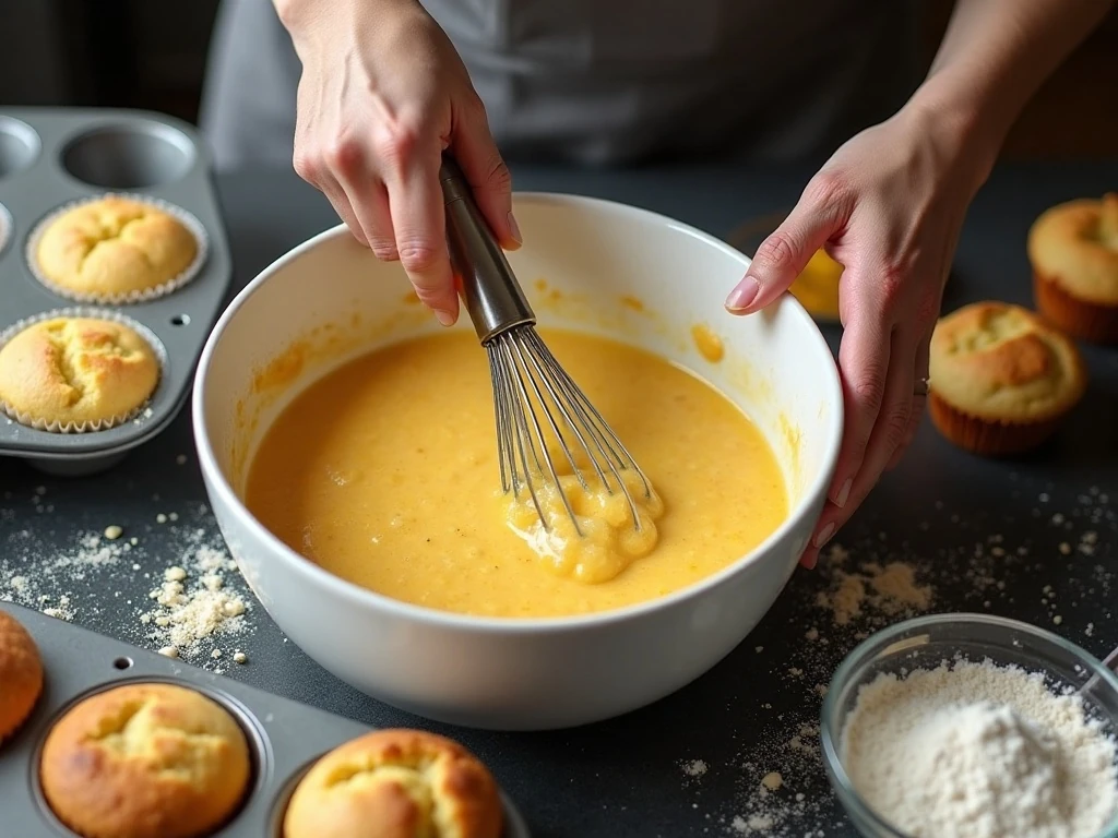 Mixing batter for homemade cornbread muffins