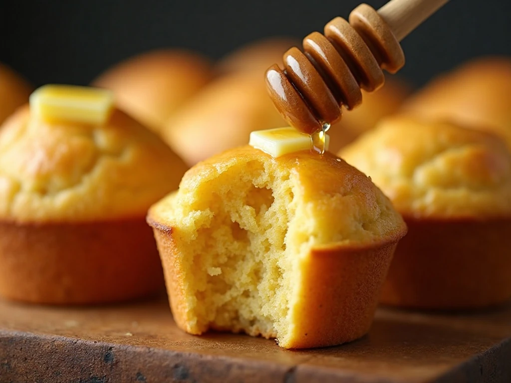 Warm cornbread muffin brushed with butter and honey