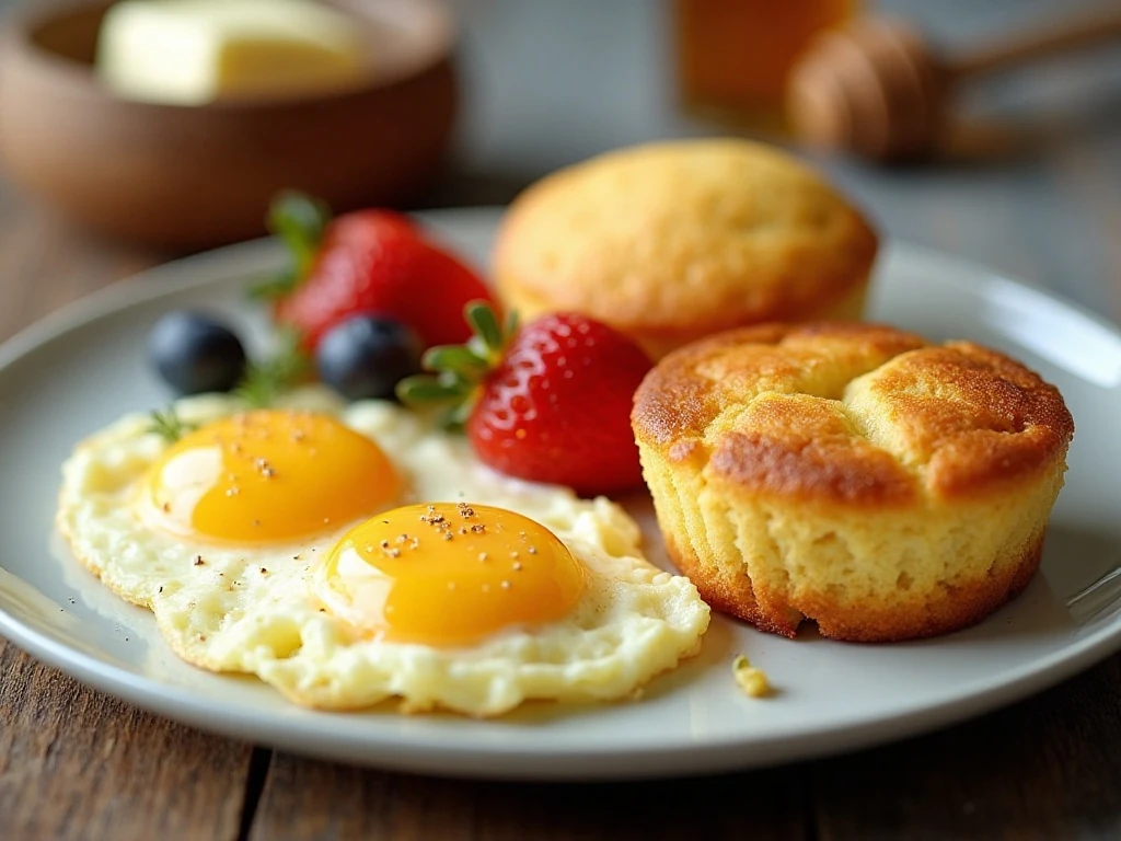 Cornbread muffins served with eggs and breakfast sides