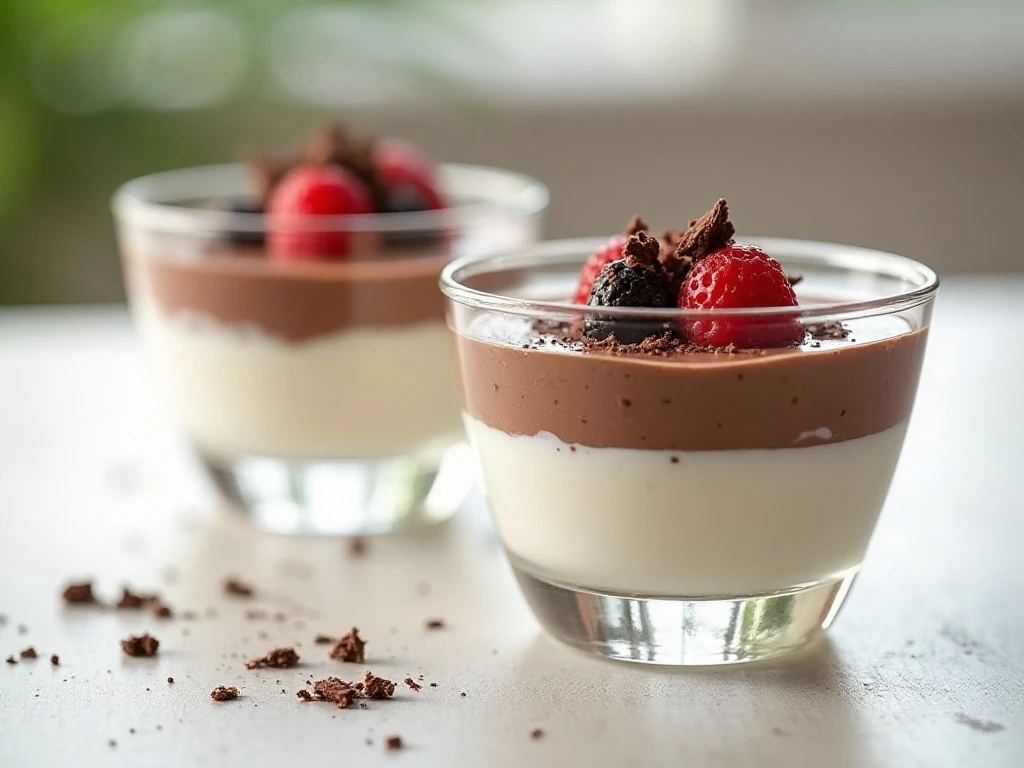 Two creamy chocolate cottage cheese dessert servings topped with berries and chocolate