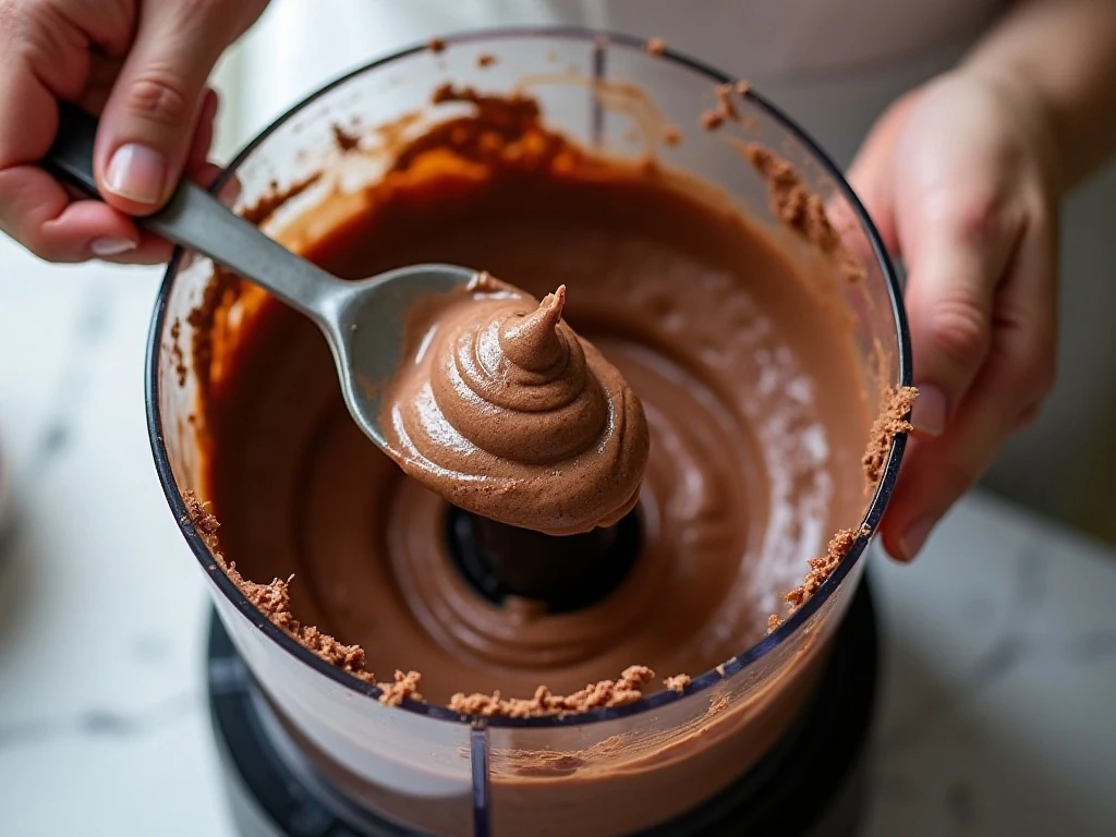 Smooth blended texture of chocolate cottage cheese mousse