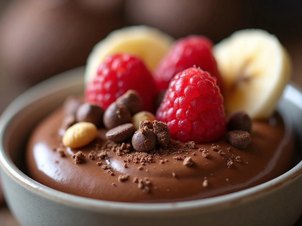 Chocolate cottage cheese mousse with fruit, nuts, and chocolate toppings