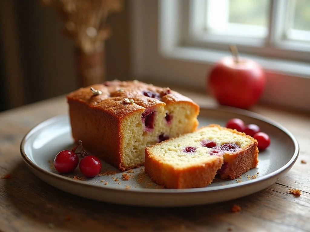 Single-layer cranberry and apple cake served warm