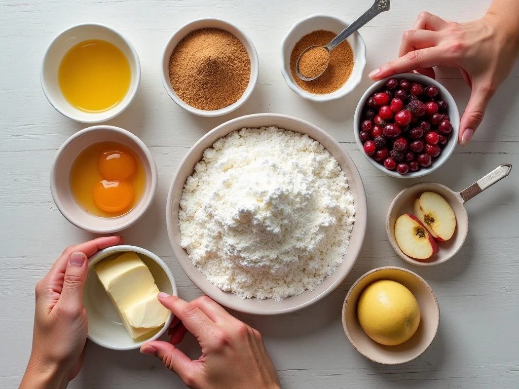 Ingredients for an easy cranberry and apple cake