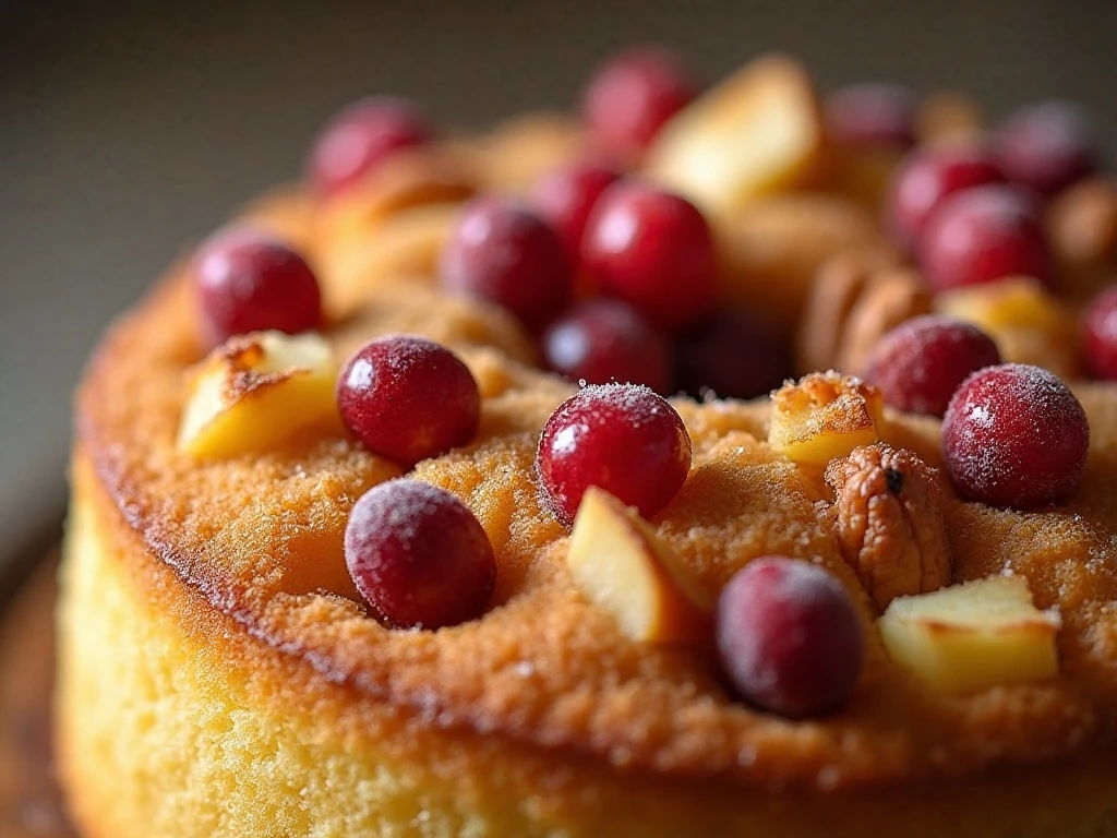 Golden cranberry apple cake with fruit, nuts, and coarse sugar