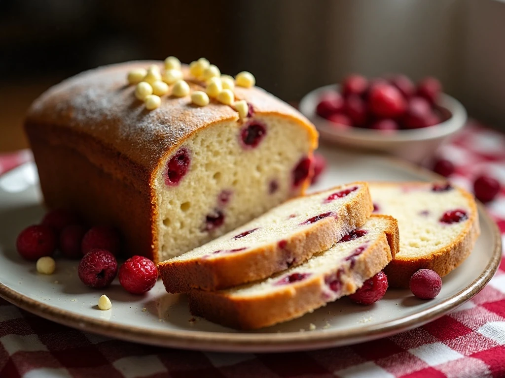 Sliced cranberry bliss bread with white chocolate and cream-cheese topping