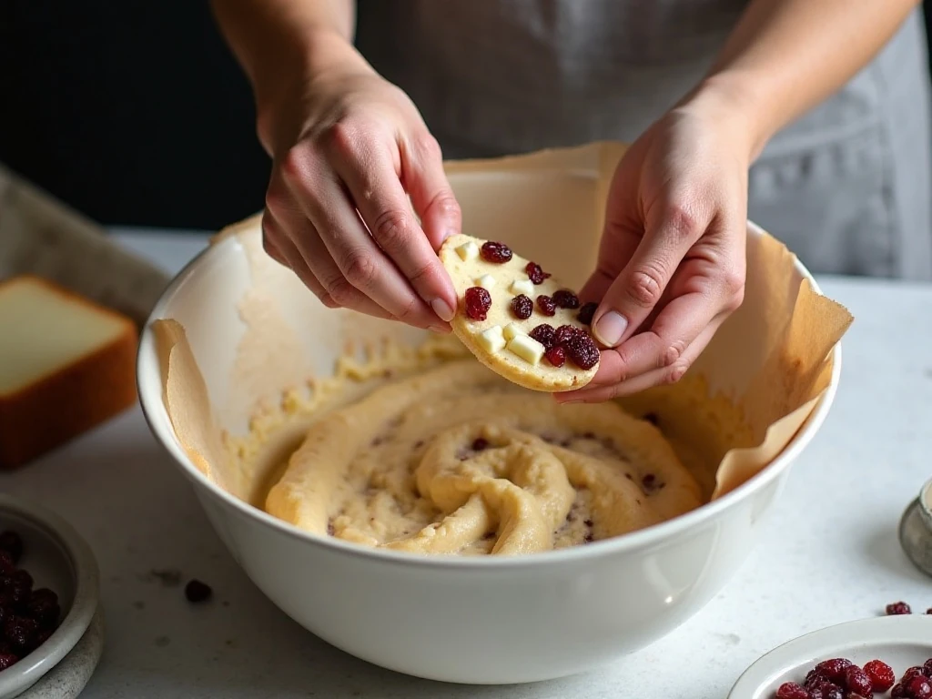 Folding cranberries and white chocolate into quick bread batter
