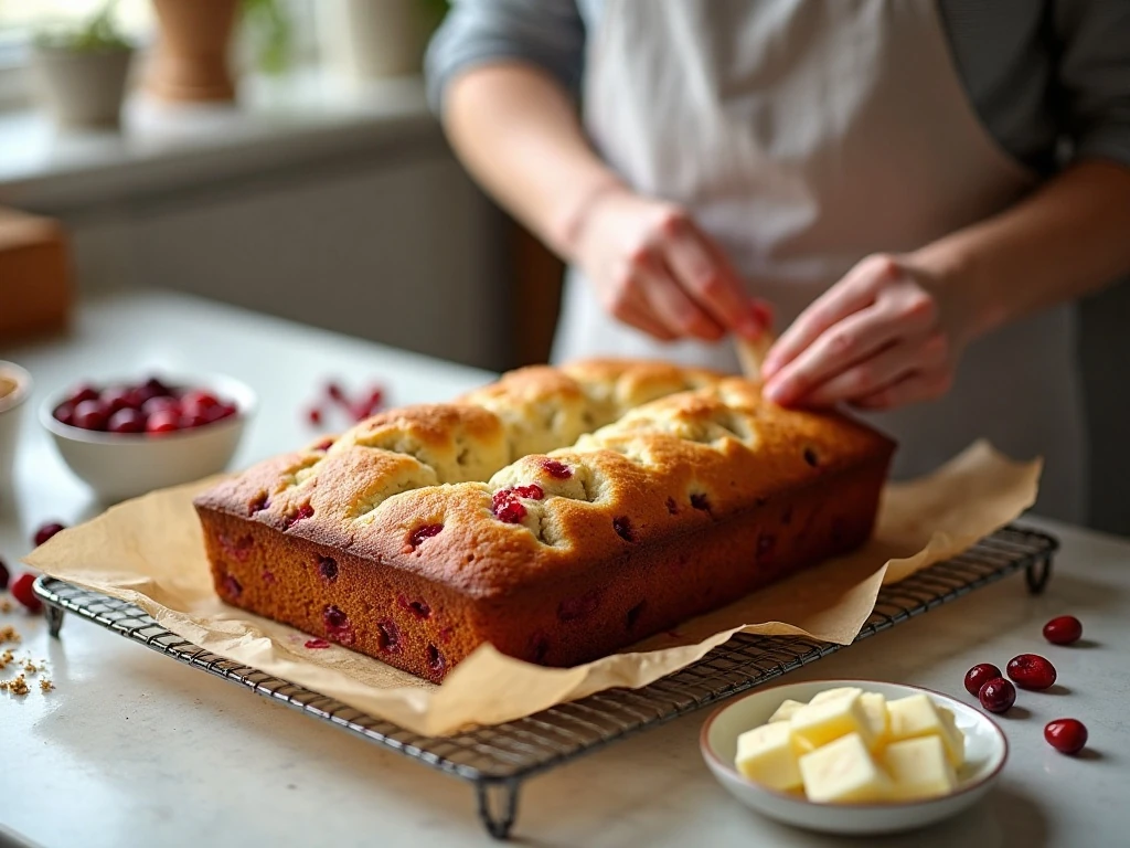 Cranberry quick bread cooling before cream-cheese topping