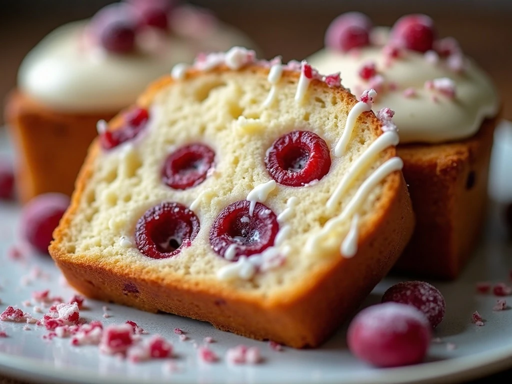 Close-up slice of cranberry bliss bread with festive garnish