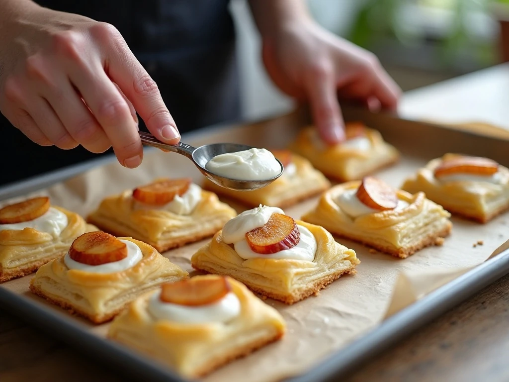 Assembling puff pastry apple cream cheese danishes